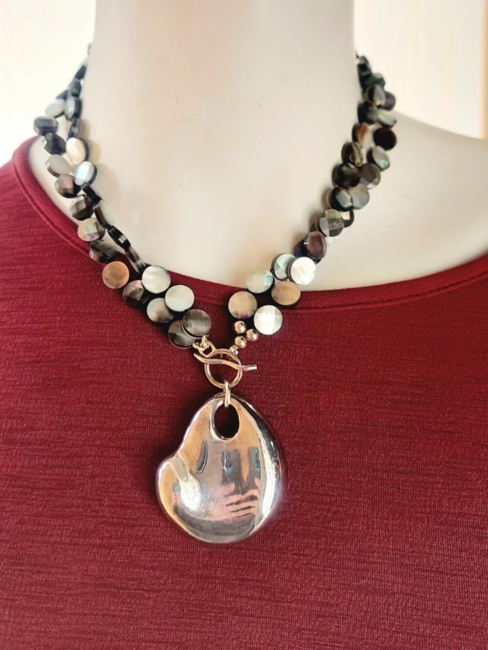 Simon Sebbag Abalone Mother of Pearl Silver Pendant Toggle Necklace